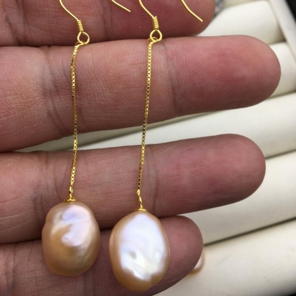 Hand Crafted Jewelry - AAA Pink NATURAL Keshi Pearl Dangle Earrings